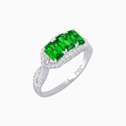 Vintage Inspired Emerald Cut Three-Stone Diamond Halo Ring - Shahin Jewelry